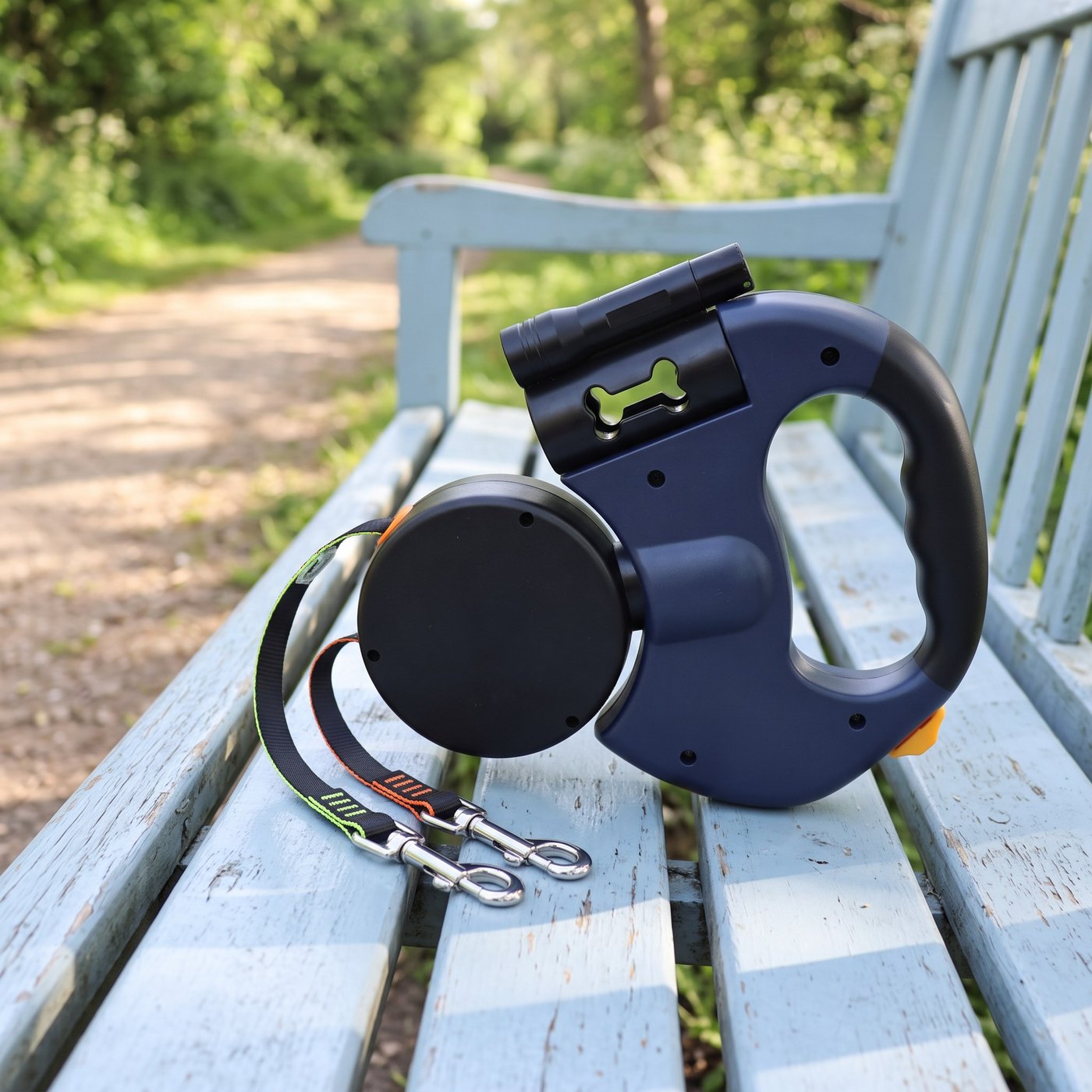 Navy Dual Leash Ready For A Park Walk