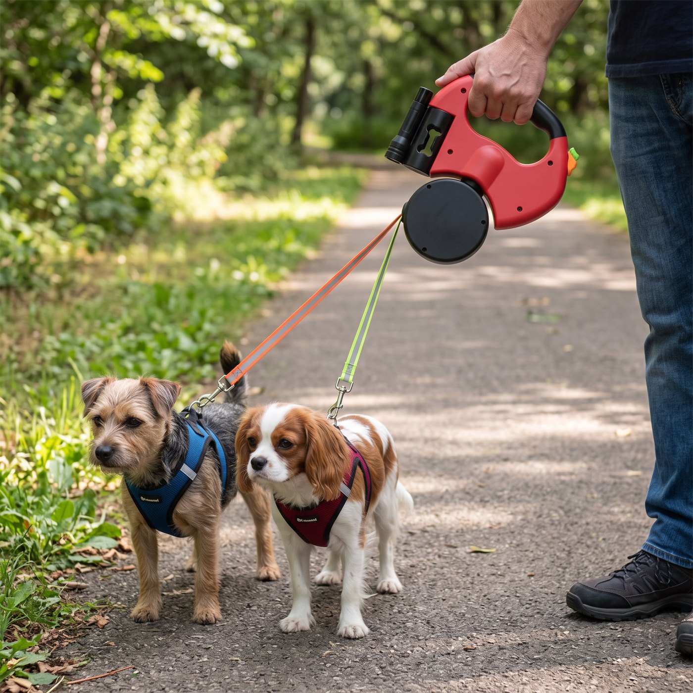 Red Leash Keeping Two Small Dogs Nearby