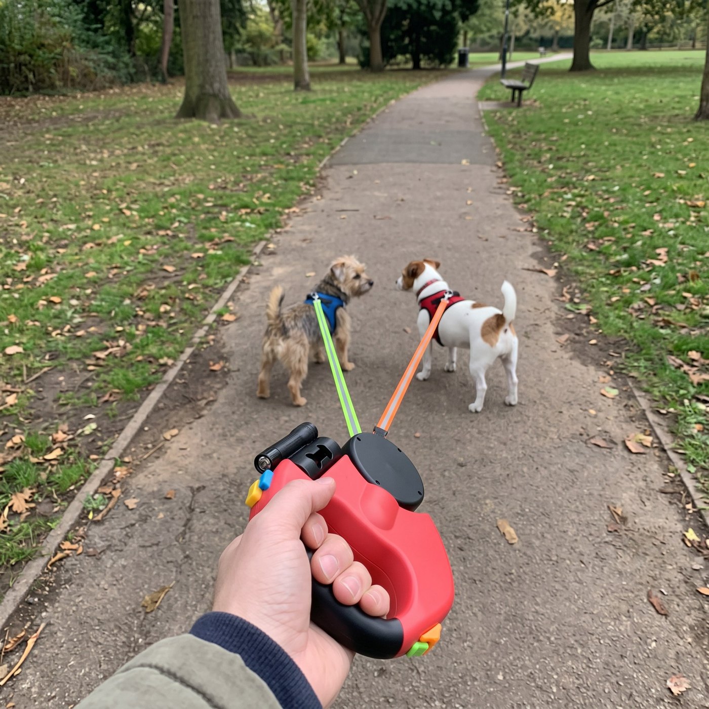 Low waist-height phone view on a park path; two small dogs walk calmly on separa