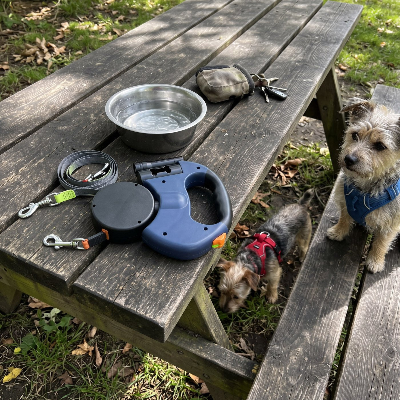 Phone photograph on shady picnic bench with leash resting next to an ordinary wa