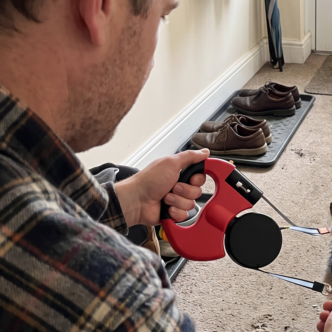 Over-the-shoulder phone photograph of adult checking leash clips on two small do