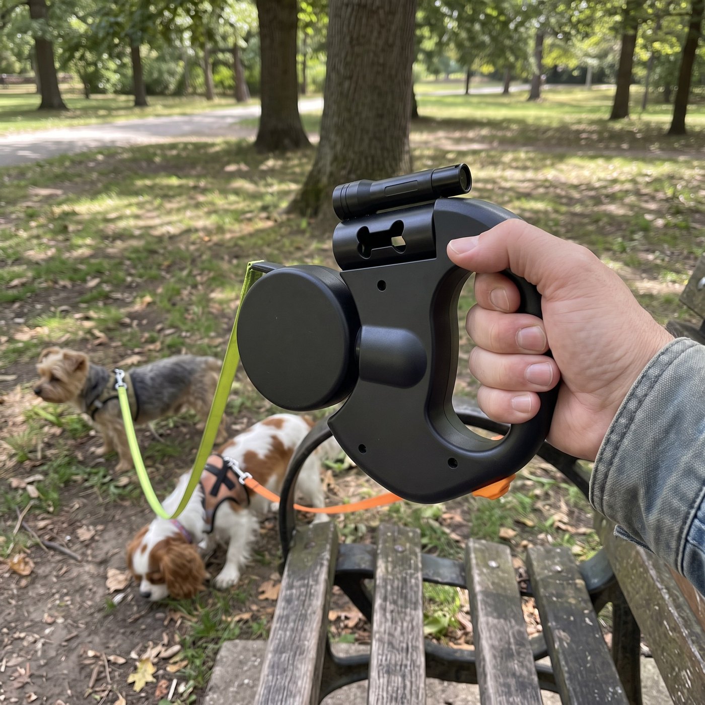 Natural close detail of adult thumb near coloured controls while holding leash o