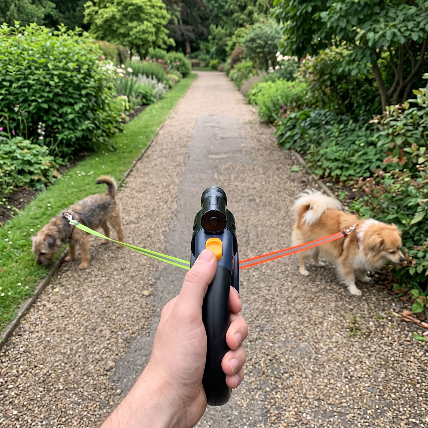Rear-camera POV of two small dogs sniffing separate sides of a wide garden path;