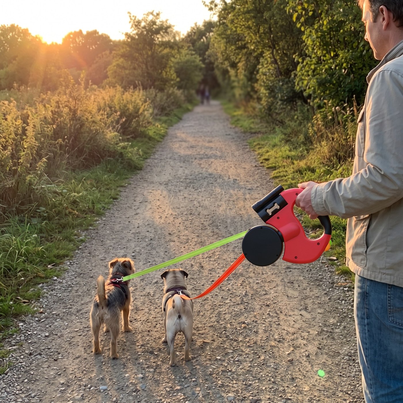 Warm sunset stationary phone photograph of an adult walking two small dogs on a 