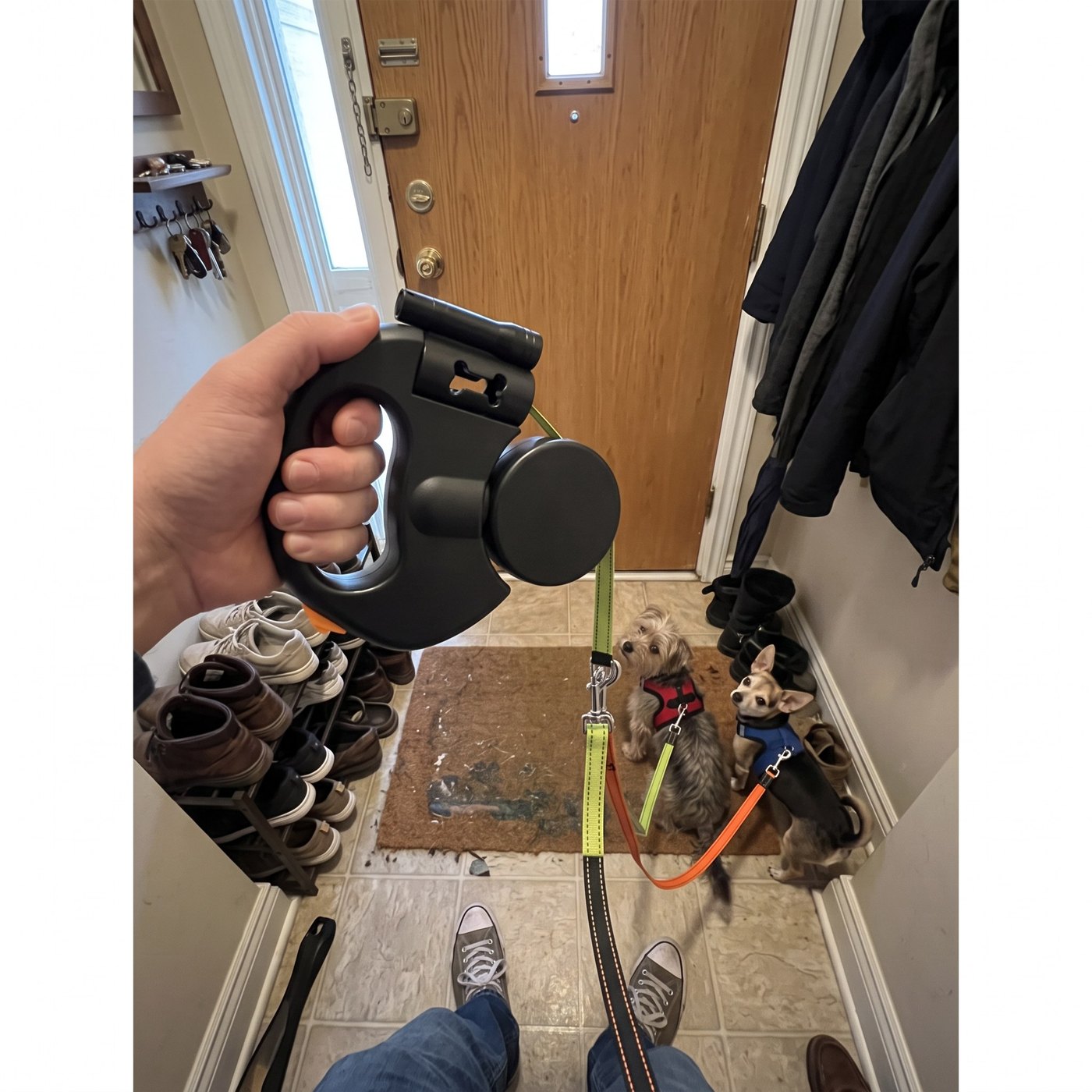 Candid apartment entryway view with leash held at waist and two small dogs waiti