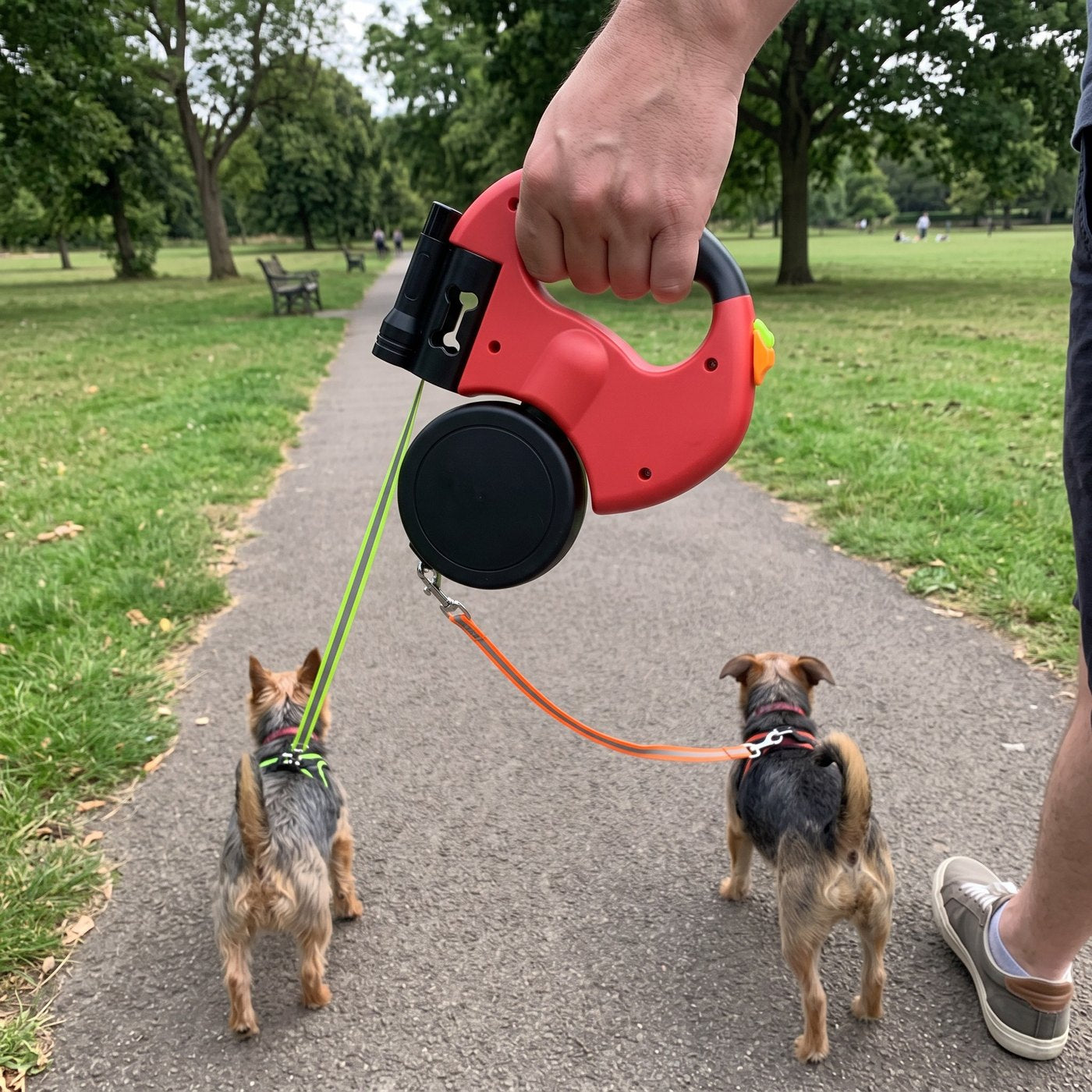 Low rear-camera phone view of small dogs walking near adult feet in an open park