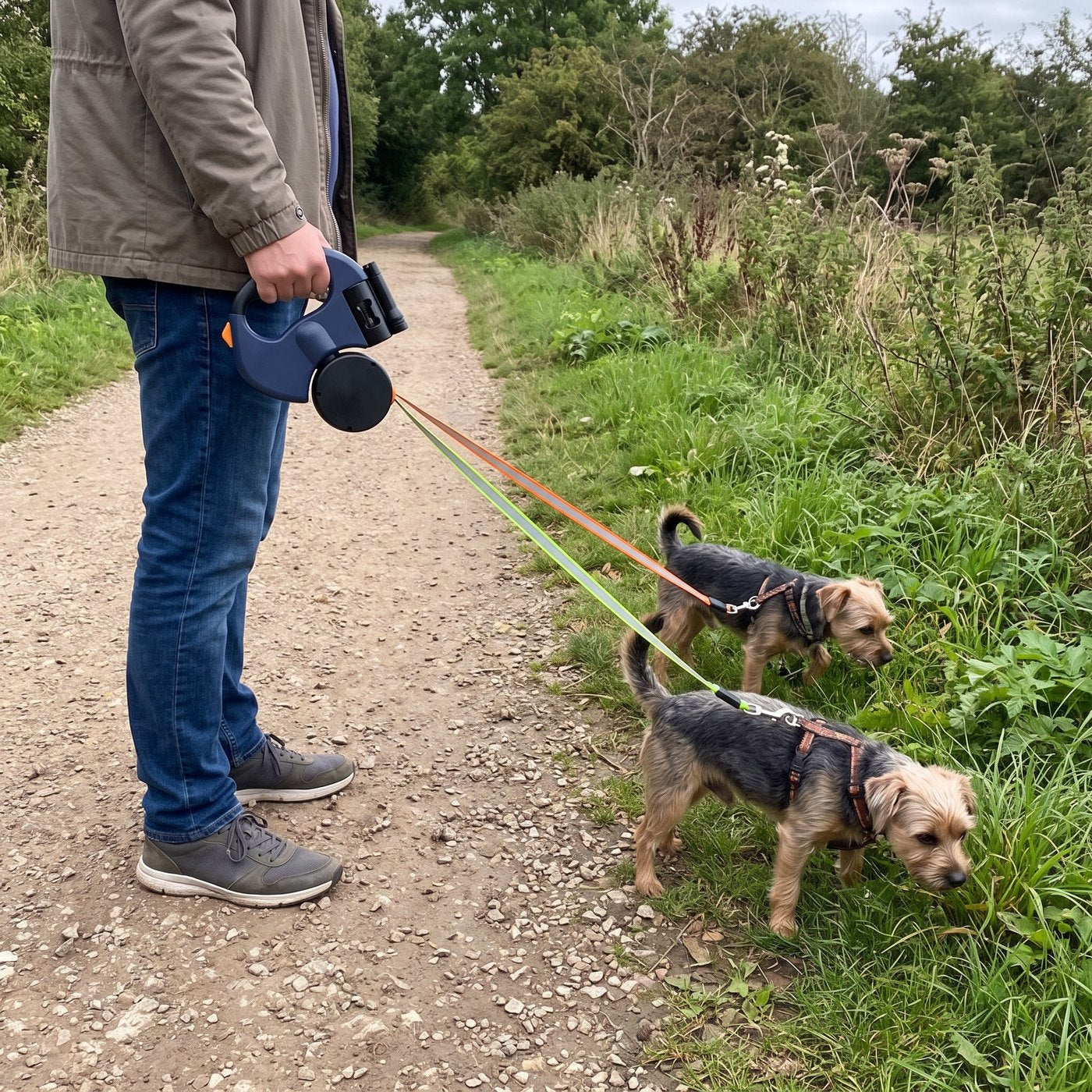 Natural distant stationary phone photo of adult and two small dogs paused at gra