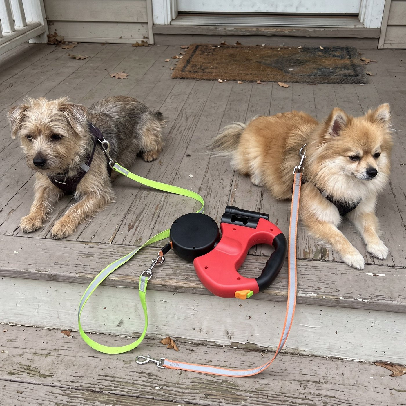 Phone snapshot of exact leash resting on porch step after a walk, two small calm