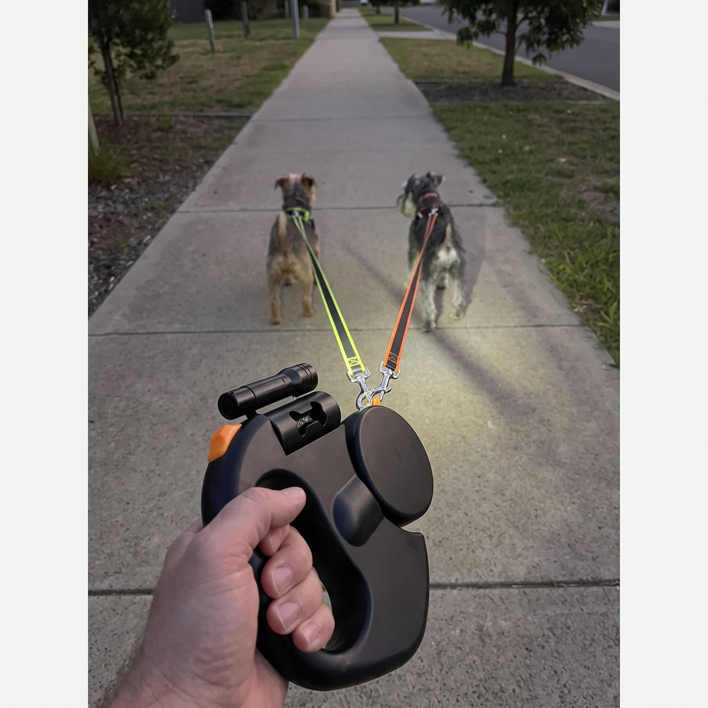 Early evening rear-camera POV at an uncluttered footpath; practical modest flash